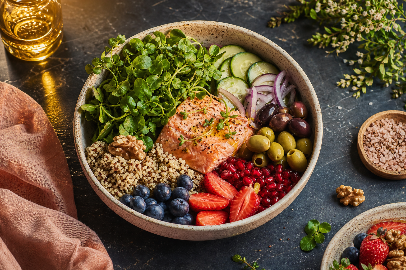 Bright anti-inflammatory nourishment plate — illustrative food mood imagery