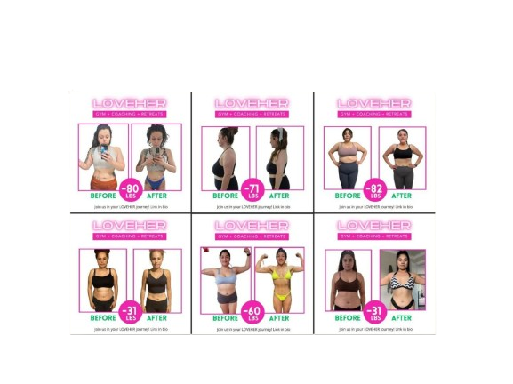 Six-week challenge transformation placeholder collage — women celebrating progress milestones